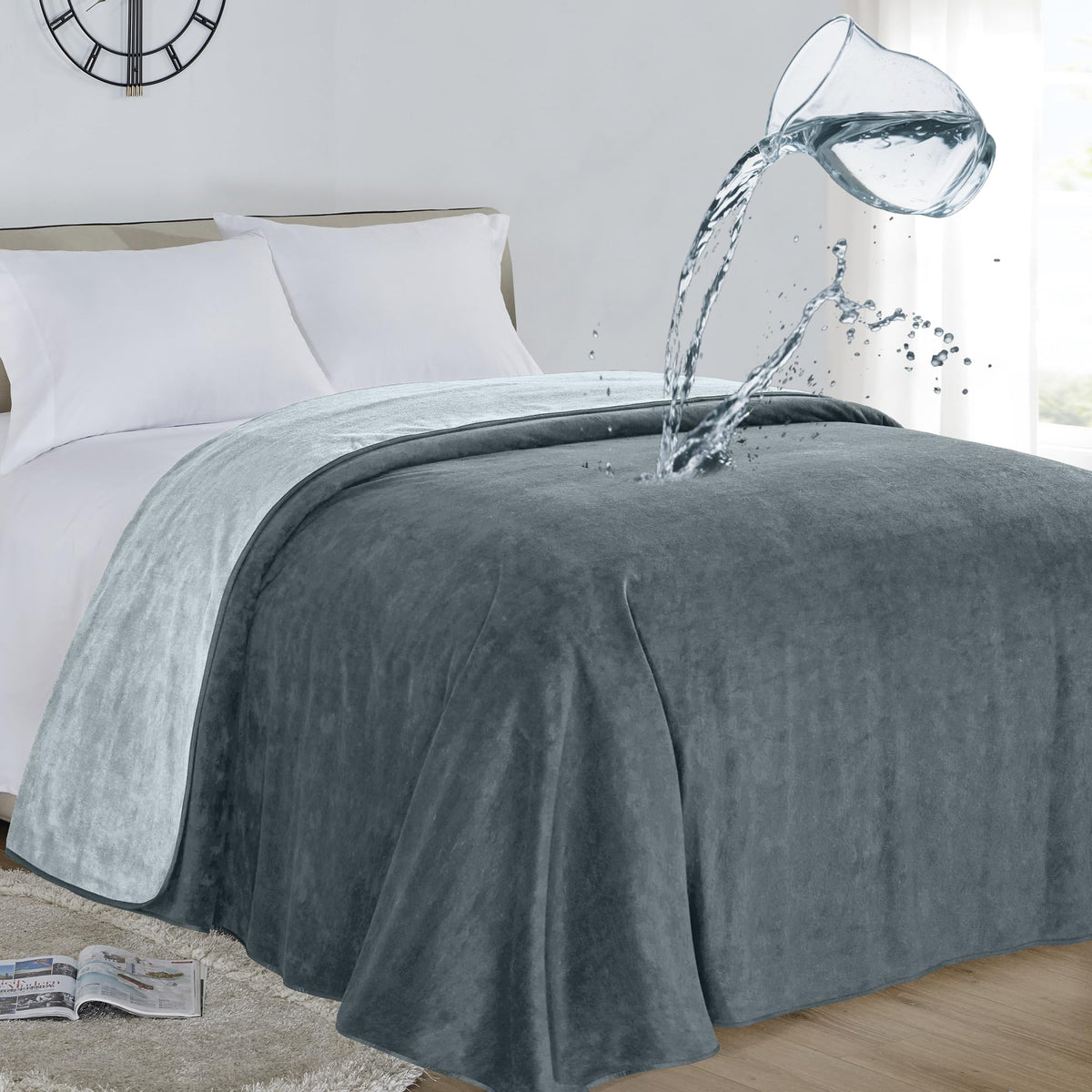 Softan waterproof blanket protects bed and couch from spills.