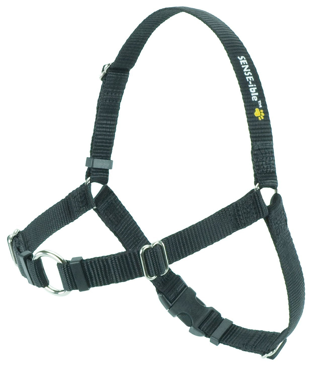 Softouch Sense-ible harness front view on a medium black dog for comfortable, no-pull walks