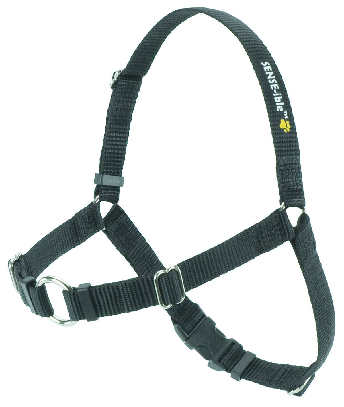 Softouch Sense-ible harness front view on a medium black dog for comfortable, no-pull walks