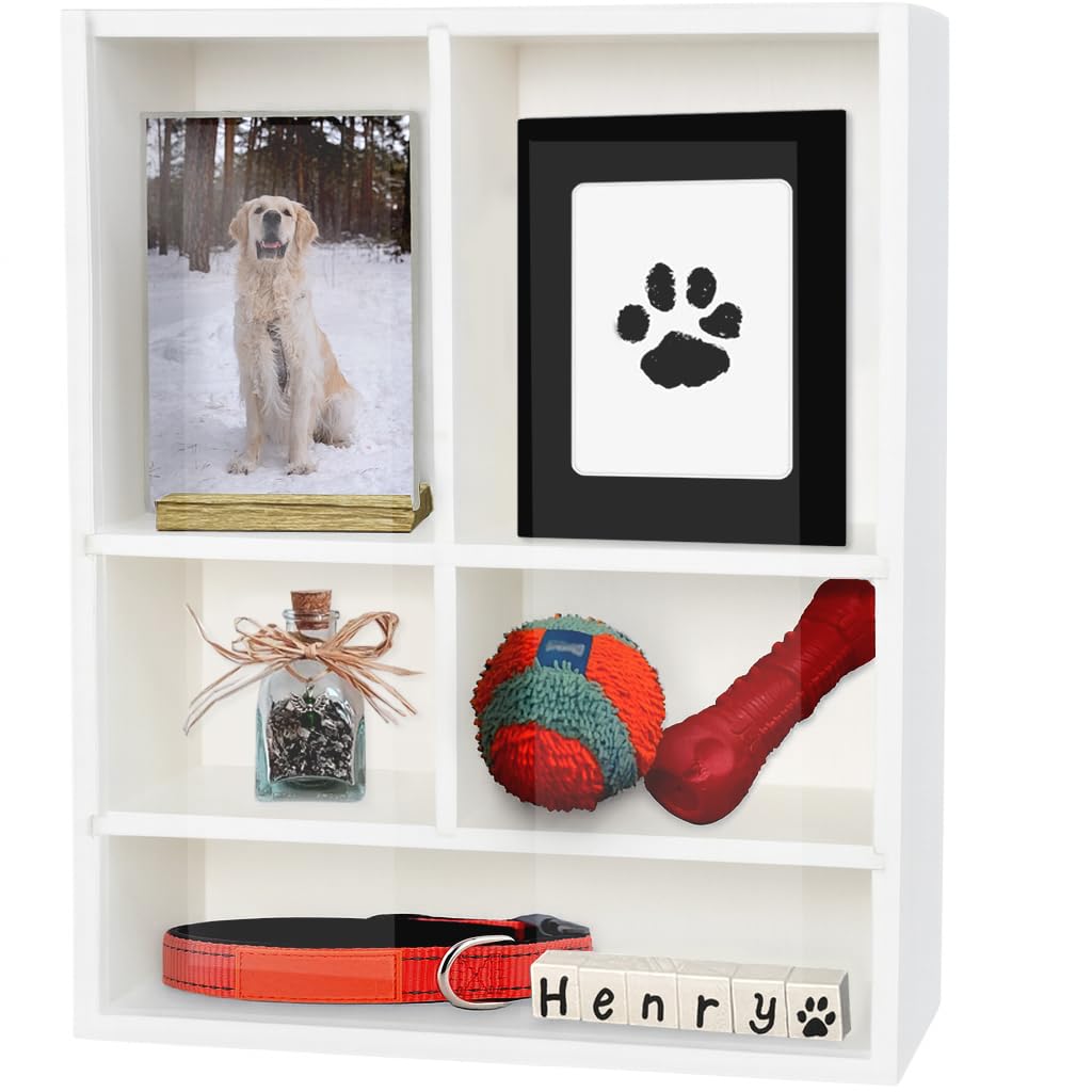 Sofunii Pet Memorial Shadow Box front view shows elegant white solid wood frame for keepsakes.