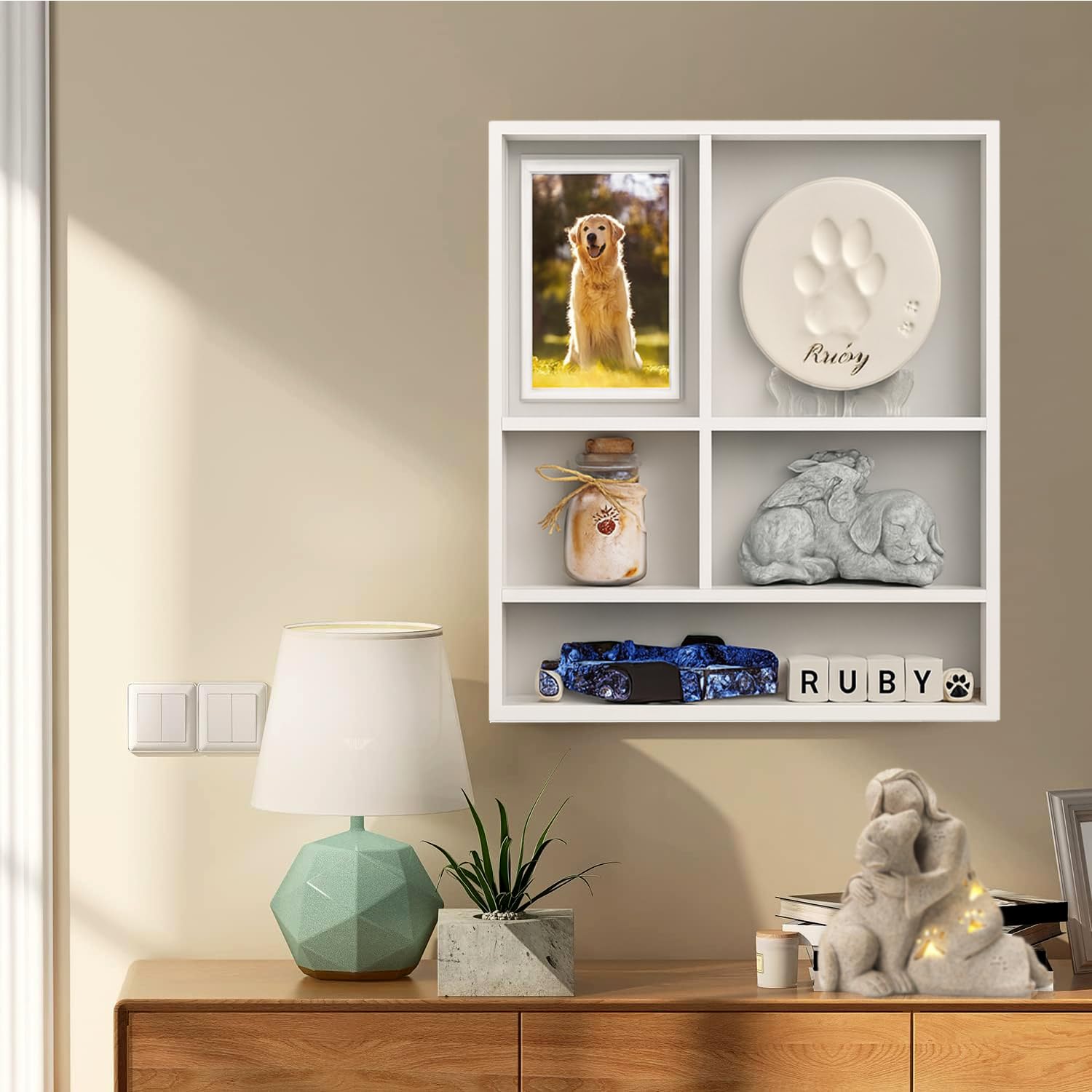 Sofunii Pet Memorial Shadow Box inside view demonstrates adjustable shelves for photos and paw prints.