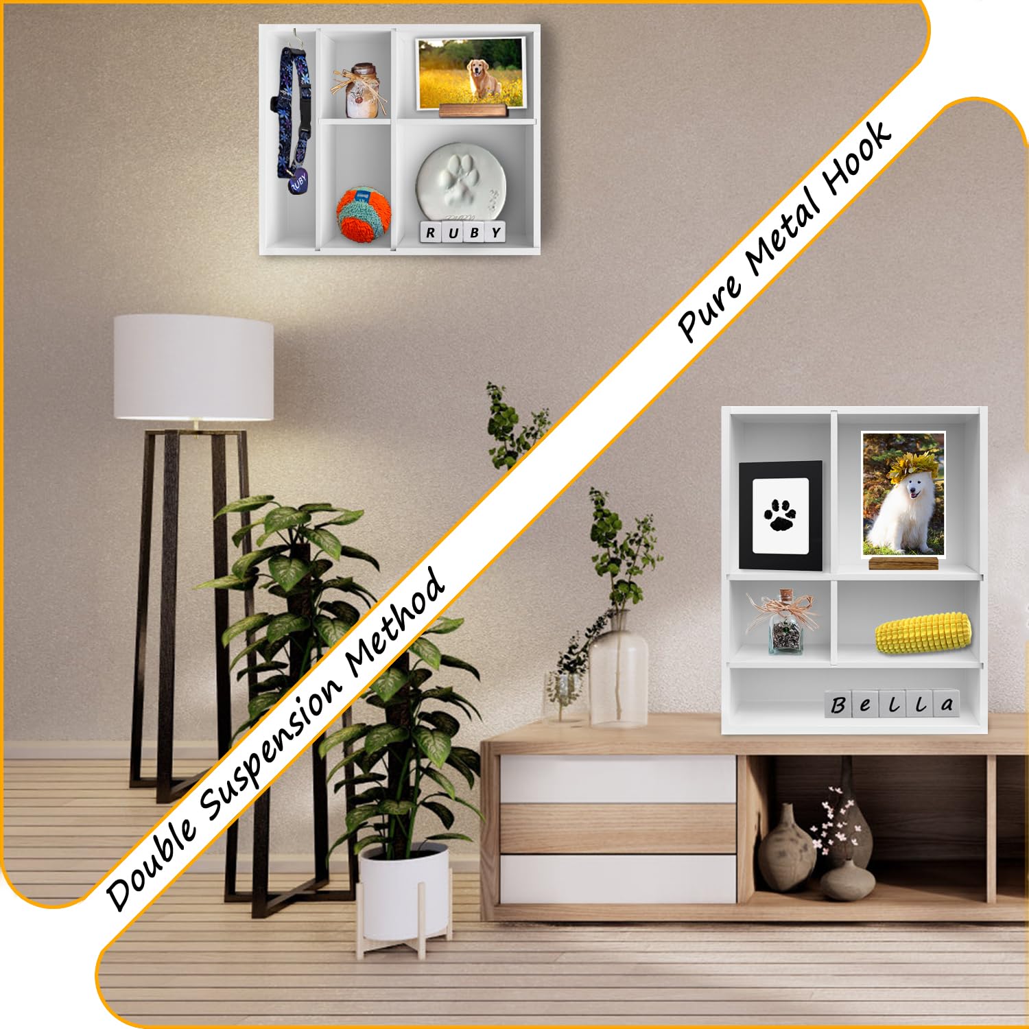 Sofunii Pet Memorial Shadow Box photo stand shows easy photo display alongside items.