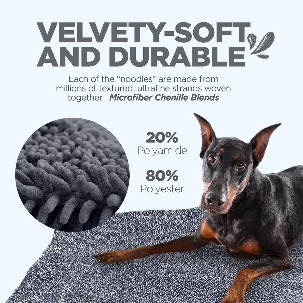 Soggy Doggy Doormat drying feature illustrated by quick-dry fibers after wet paws