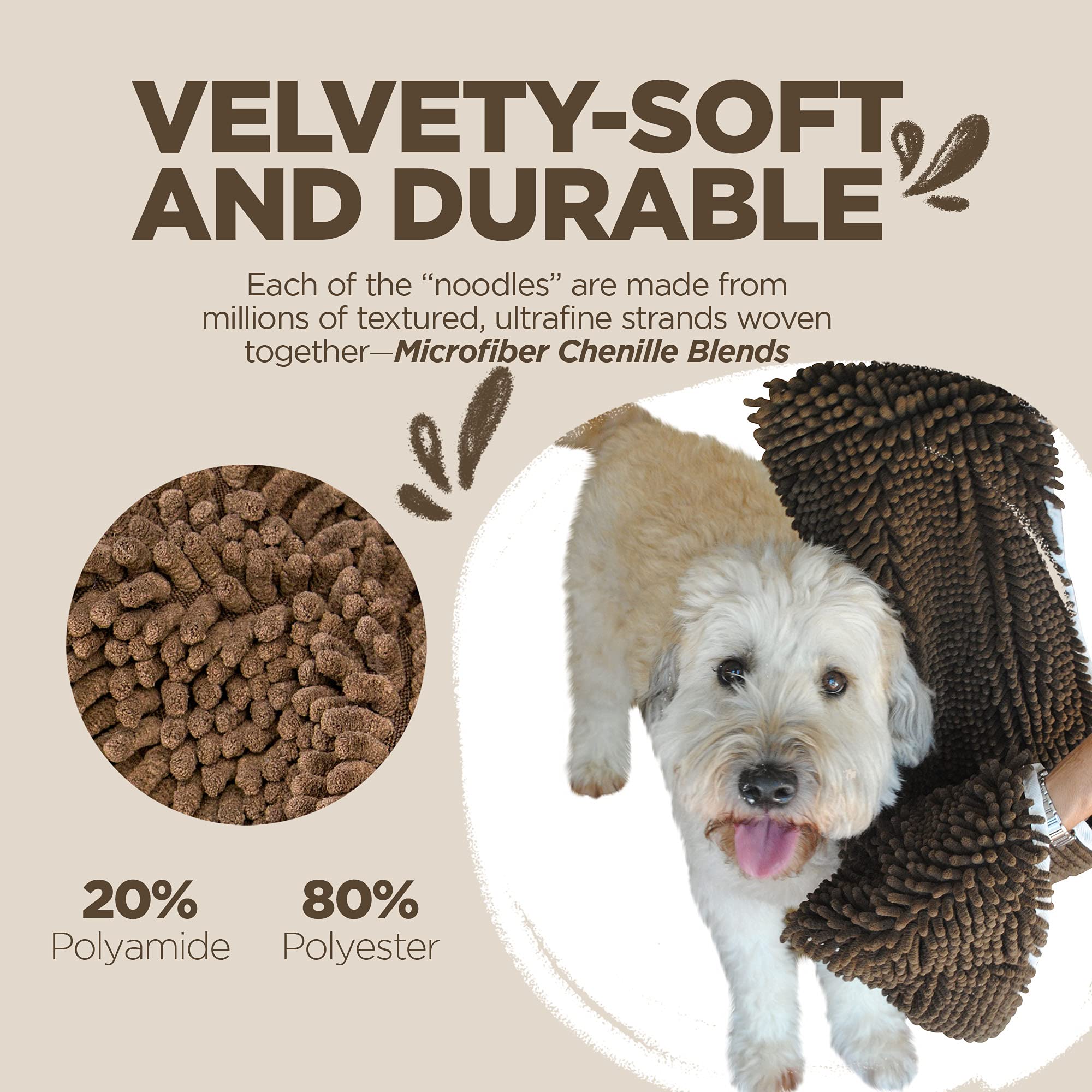 Soggy Doggy Doormat soft plush chenille gently wicks moisture from paws.