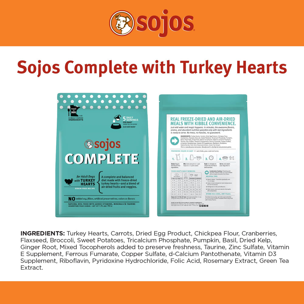 Sojos complete adult maintenance label on packaging indicating balanced nutrition