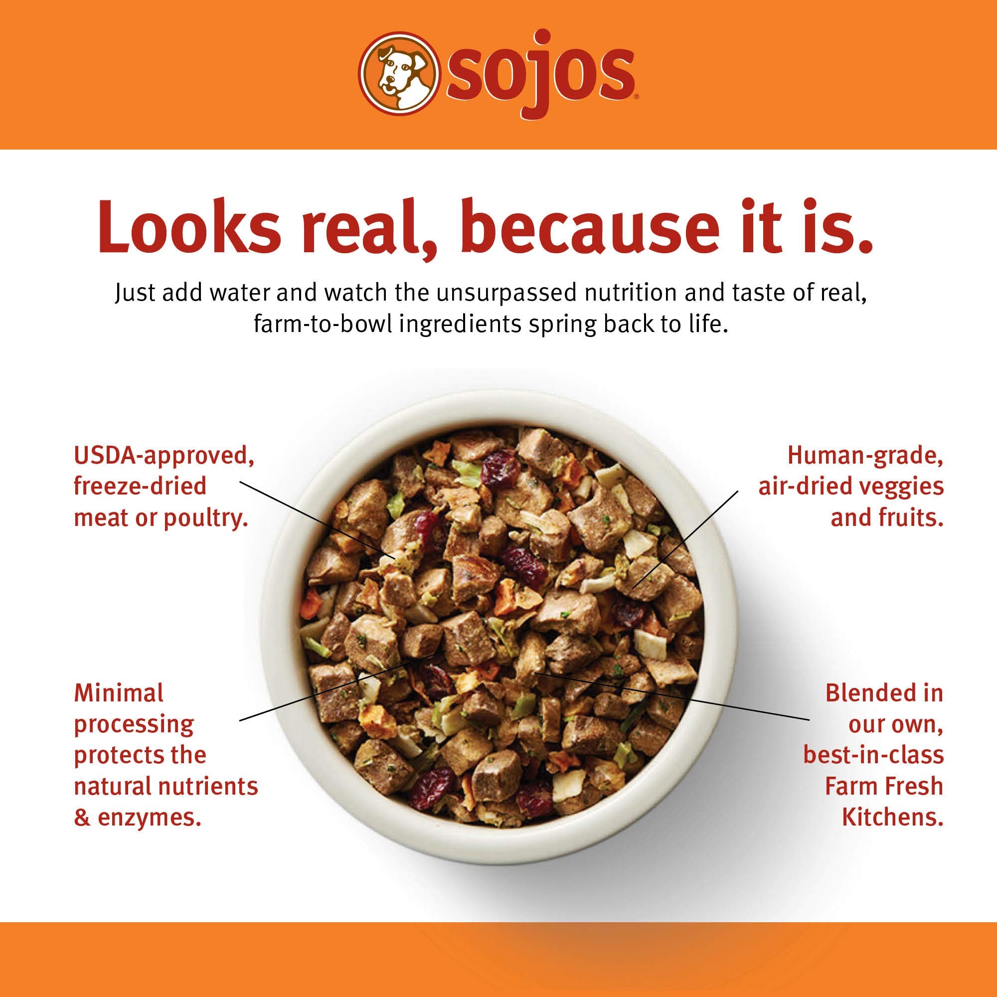 Sojos complete turkey dog food ingredients closeup highlighting real meat and simple formula
