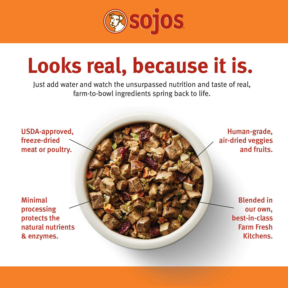 Sojos complete turkey dog food ingredients closeup highlighting real meat and simple formula