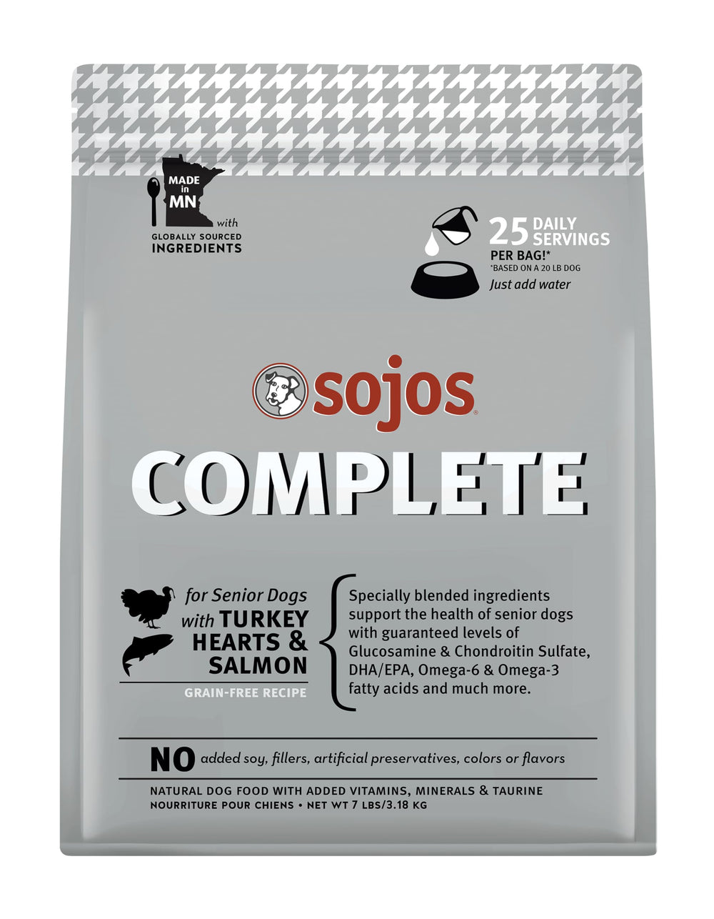 SOJOS Complete turkey-salmon dog food bag highlighting ready-to-serve nutrition for seniors