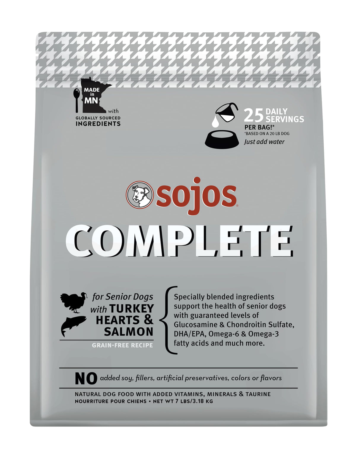SOJOS Complete turkey-salmon dog food bag highlighting ready-to-serve nutrition for seniors