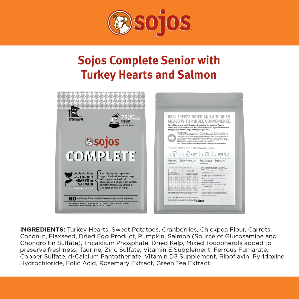 SOJOS Complete senior dog care image featuring easy-dissolve meal for older pets