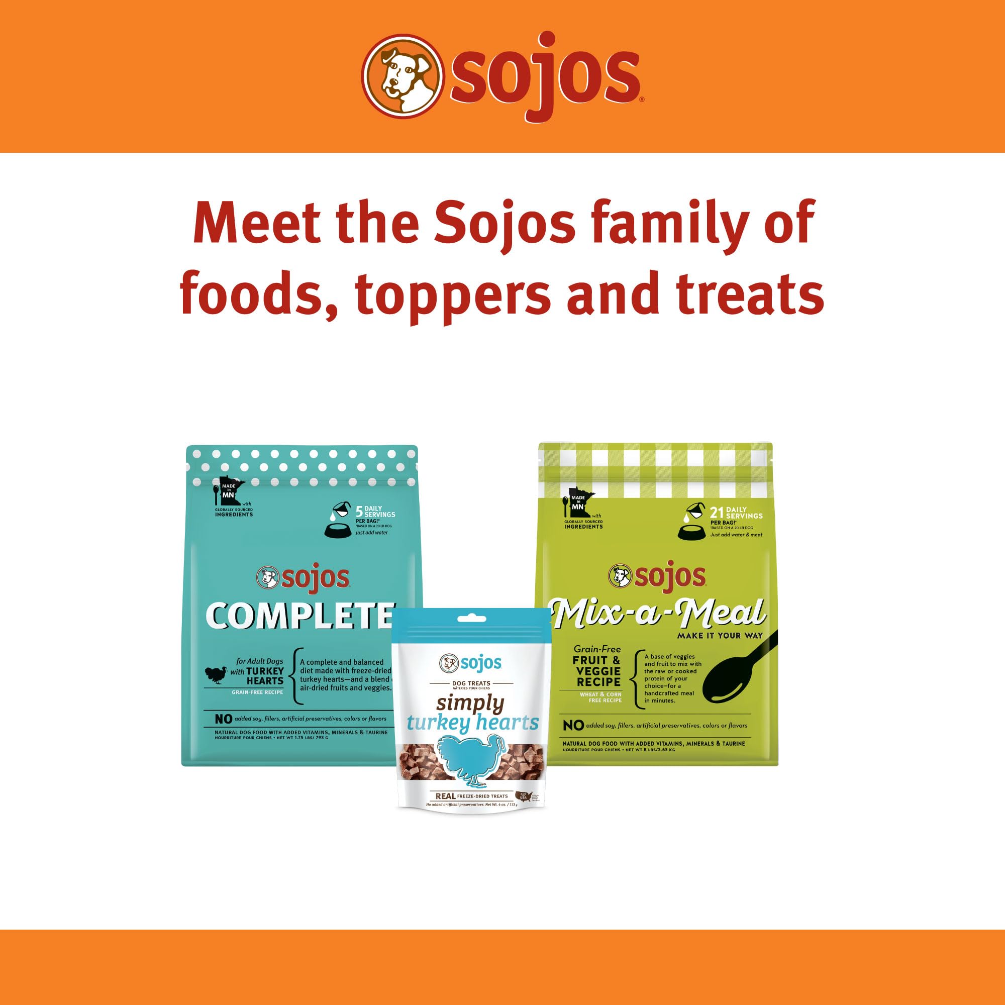 Sojos natural pet food bag front showcasing fresh farm-fresh ingredients promise