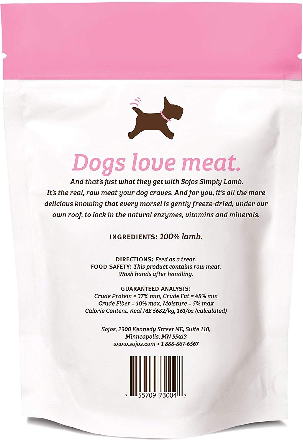Sojos Simply Lamb freeze-dried dog treats close-up showing lamb meat chunks for tasty on-the-go snacking