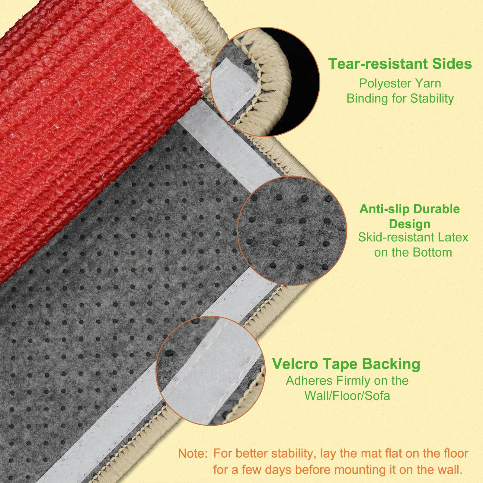 Solday cat scratcher mat wall-attachment close-up with Velcro security