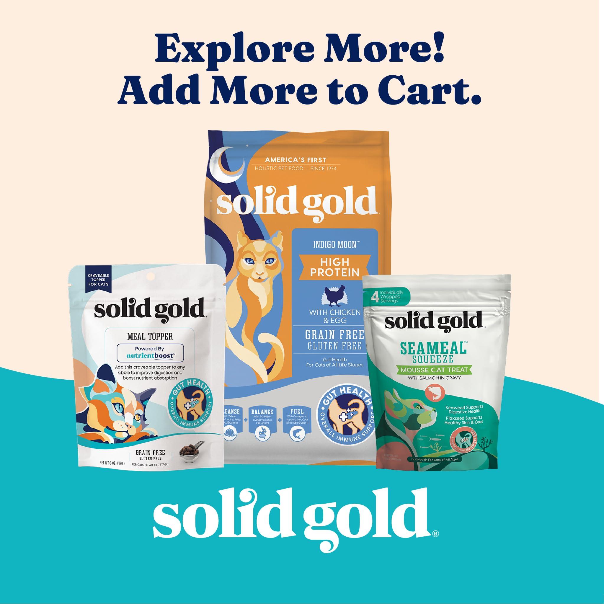 Solid Gold Five Oceans 16-ounce cans on display suggest convenient, variety-friendly cat meals.