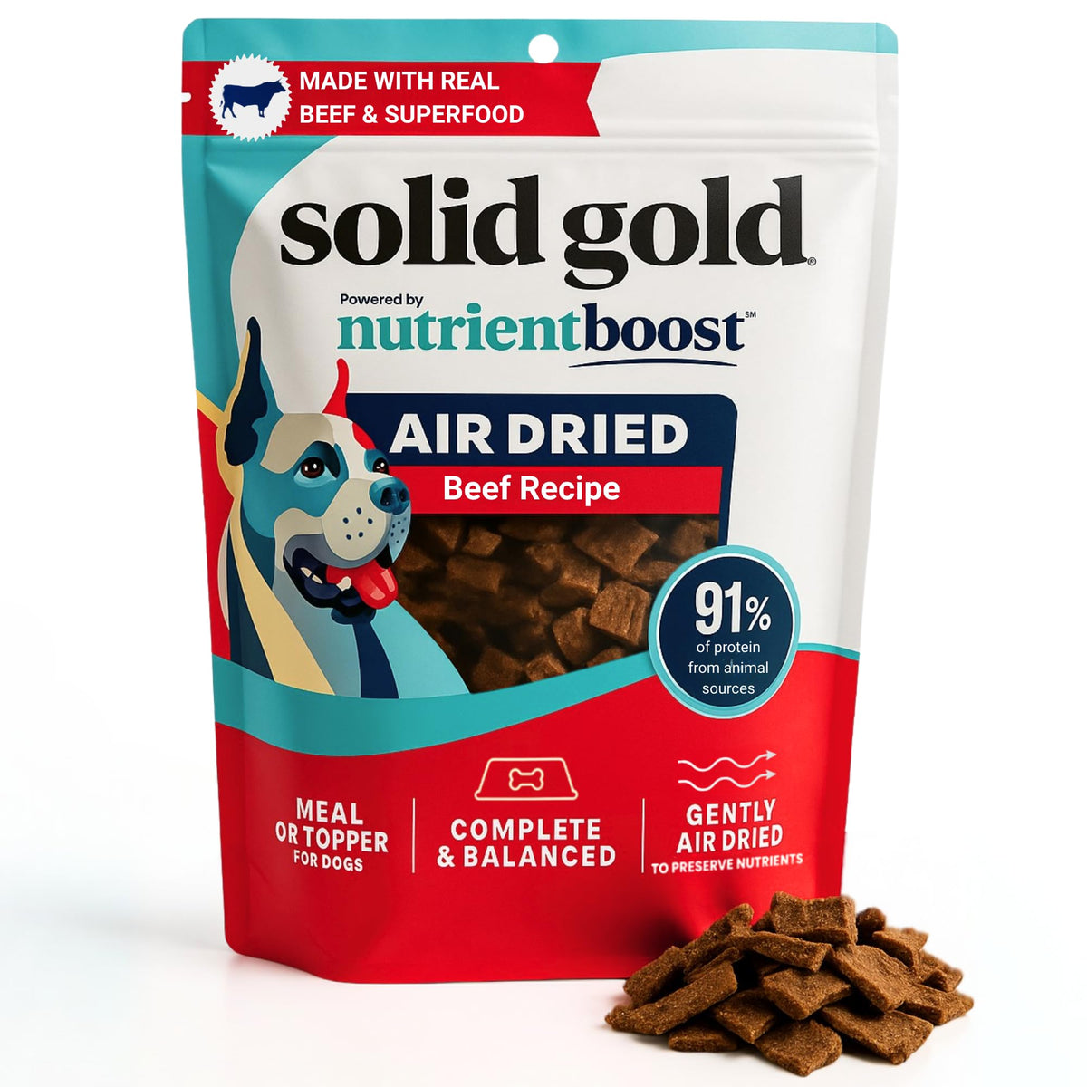 Solid Gold air dried toppers in an open bowl boost mealtime appeal.
