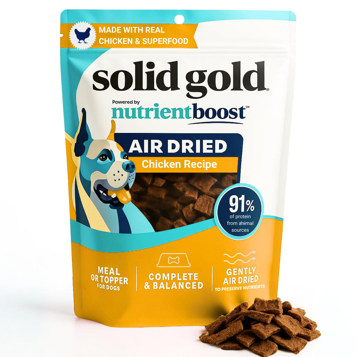 Solid Gold air dried dog toppers real chicken bowl boosts protein for lean muscle.