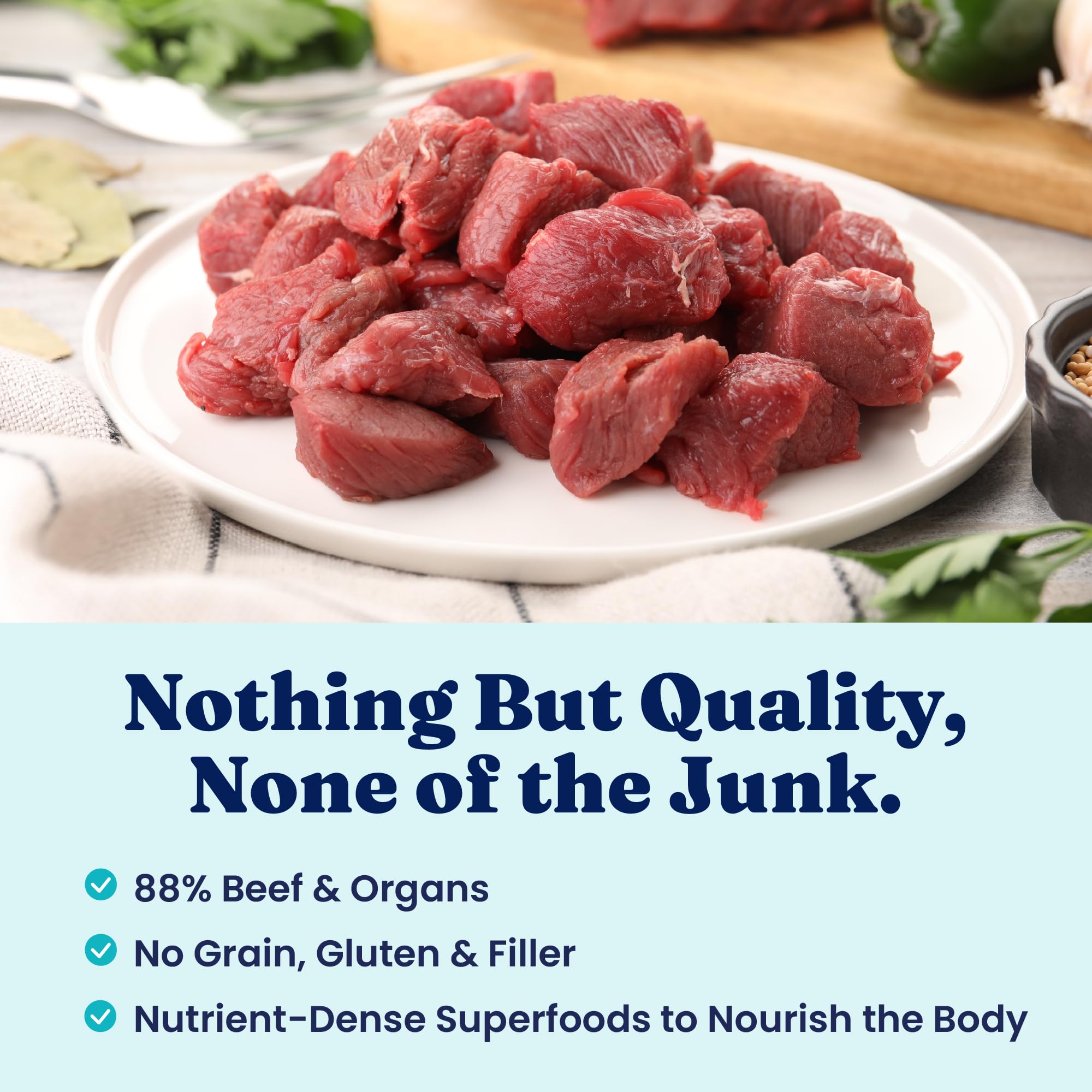 Solid Gold air dried topper beef ingredients closeup—high-quality meat and veggies