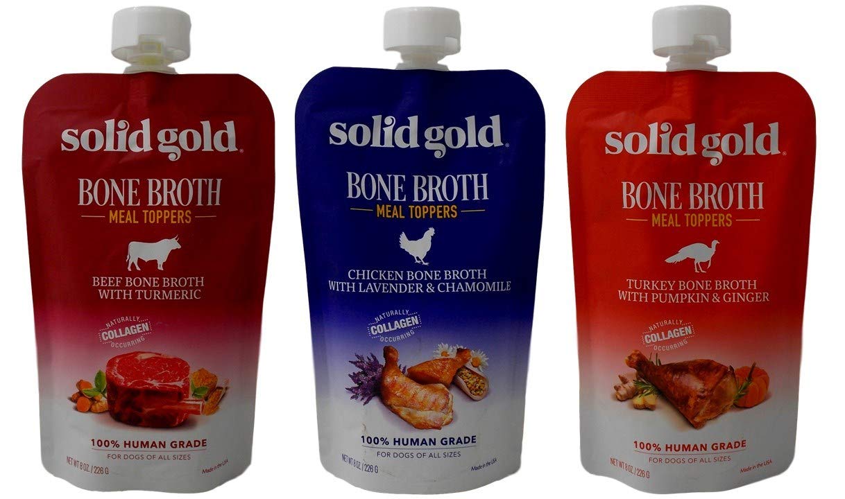 Solid Gold Bone Broth Chicken Lavender Chamomile pouch enhances flavor and gut comfort.