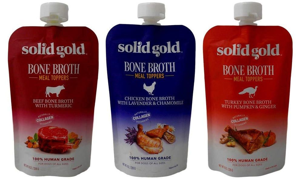 Solid Gold Bone Broth Chicken Lavender Chamomile pouch enhances flavor and gut comfort.