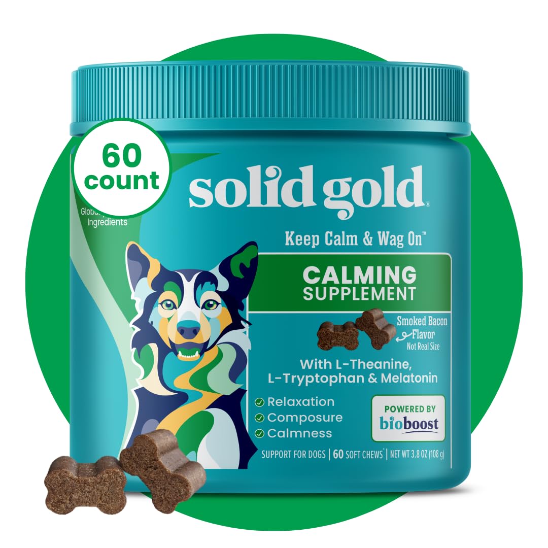 Solid Gold calming chews bottle shows easy-to-dispense bacon-flavored bites for calm moments