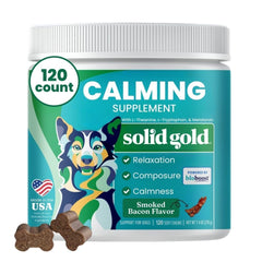 Solid Gold Calming Chews bottle pour demonstrates convenient calming treats for travel.