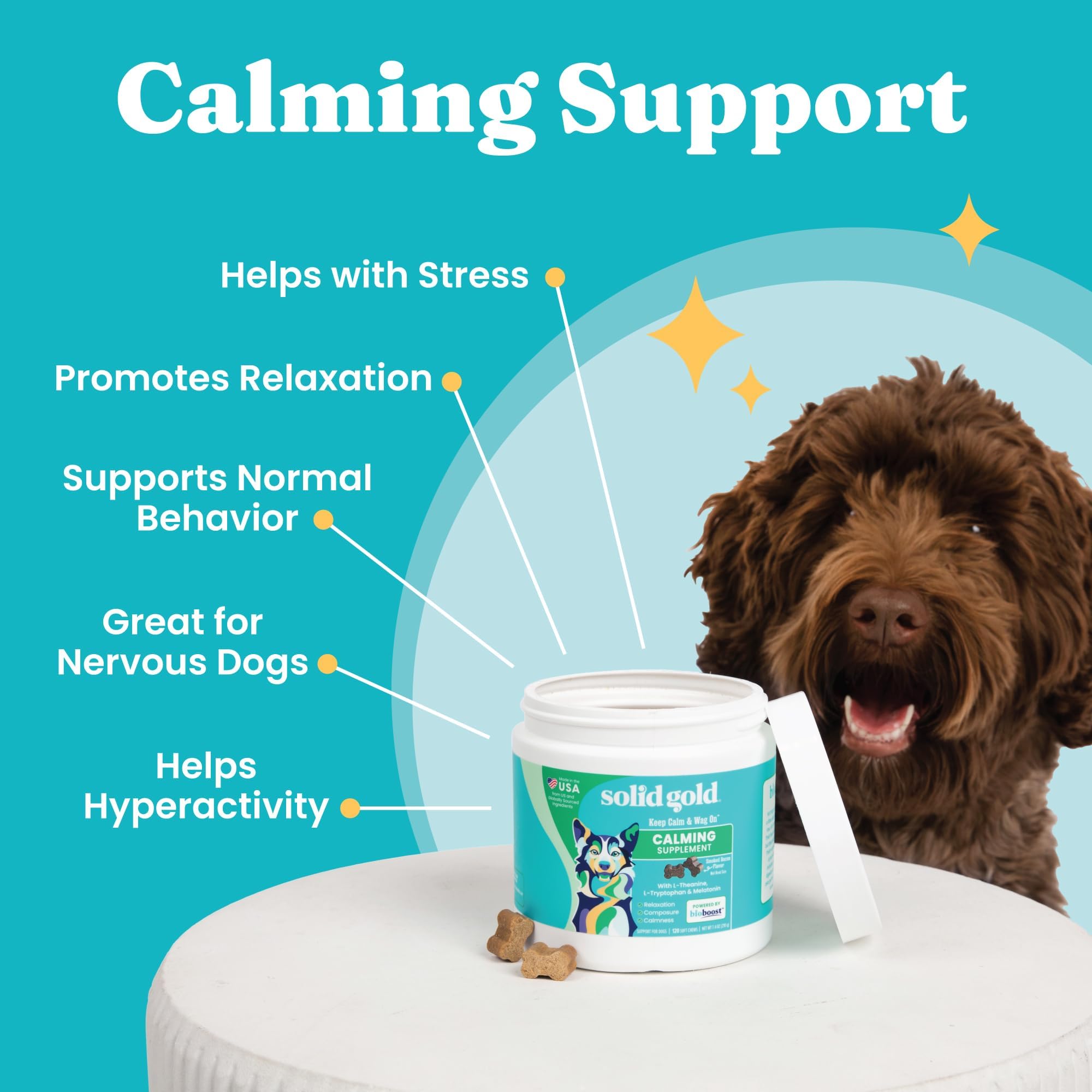 Solid Gold Calming Chews package open highlights easy access during vet visits or trips.