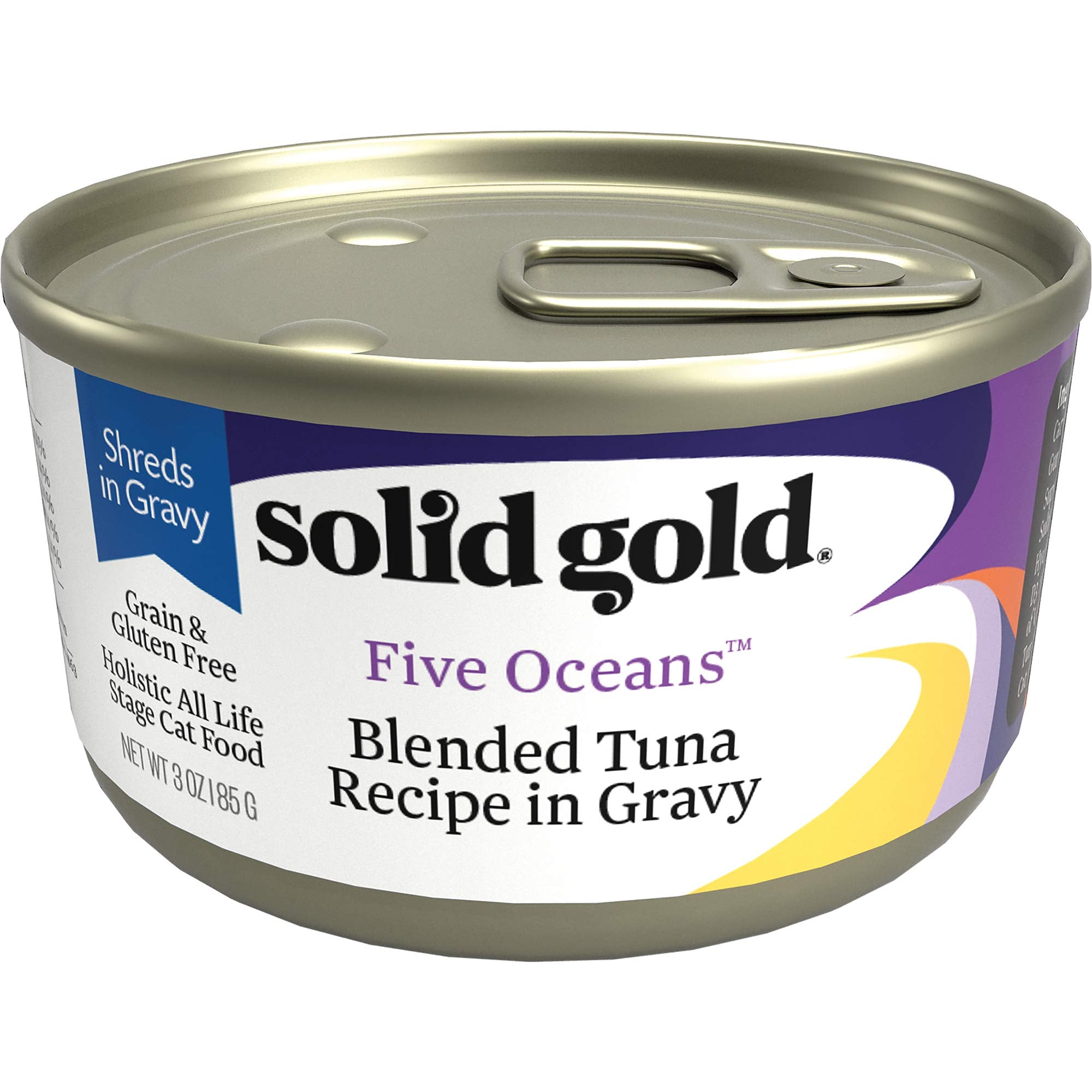 Solid Gold cat food taurine and vitamins label highlights balanced nutrition.
