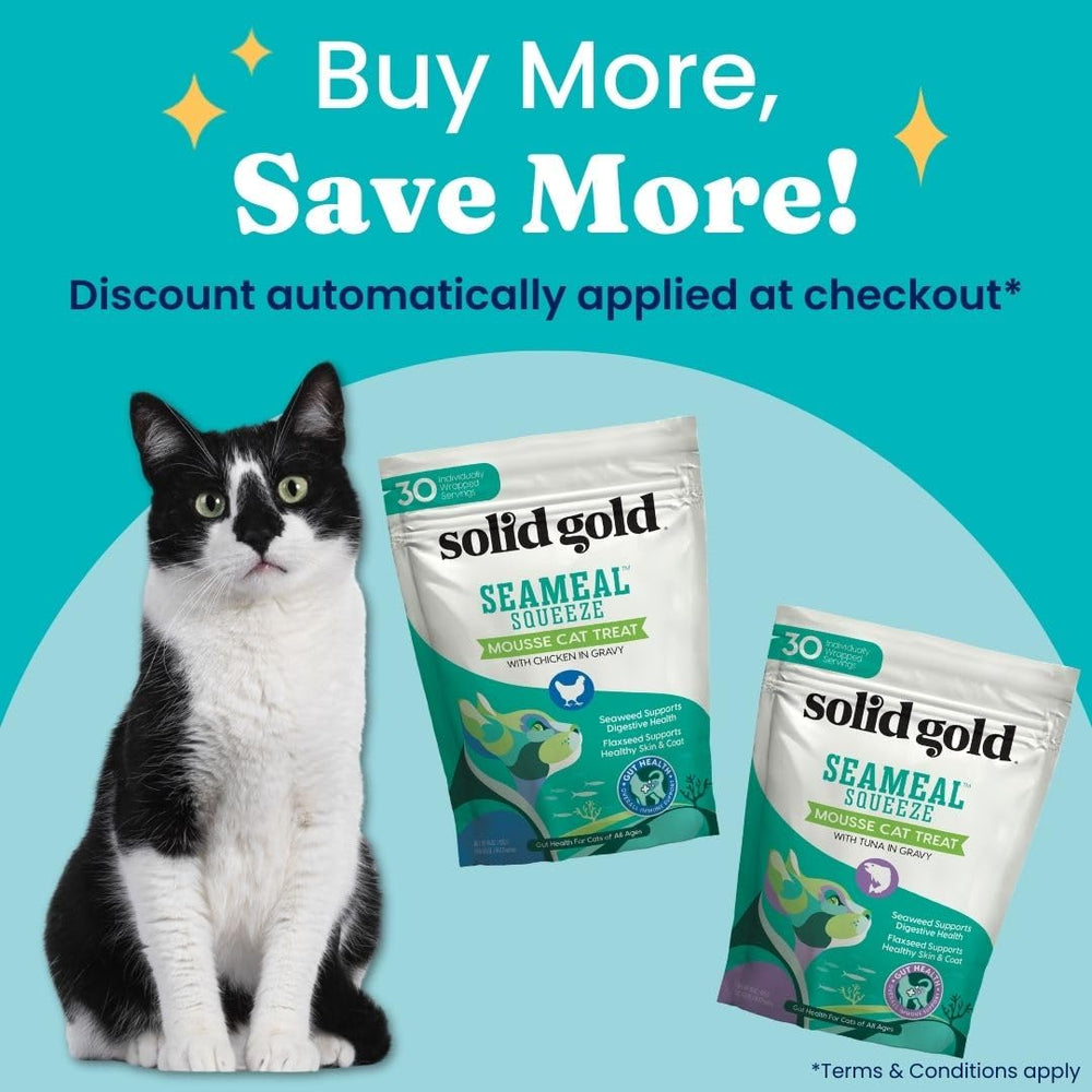 Solid Gold indoor-cat hydration from high-moisture tuna puree. 
