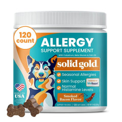 Solid Gold dog allergy chews bag front, bacon flavor for skin comfort and seasonal support.