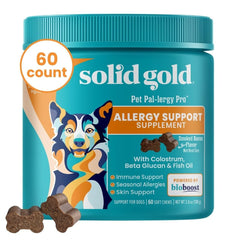 Solid Gold dog allergy relief chews bottle closeup promotes skin and coat health