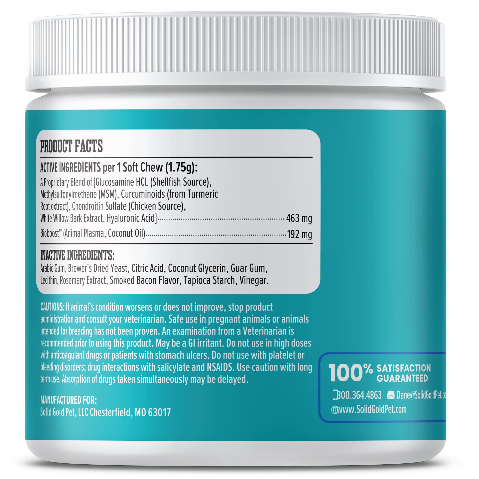Solid Gold dog joint supplement packaging highlights ingredients like glucosamine.