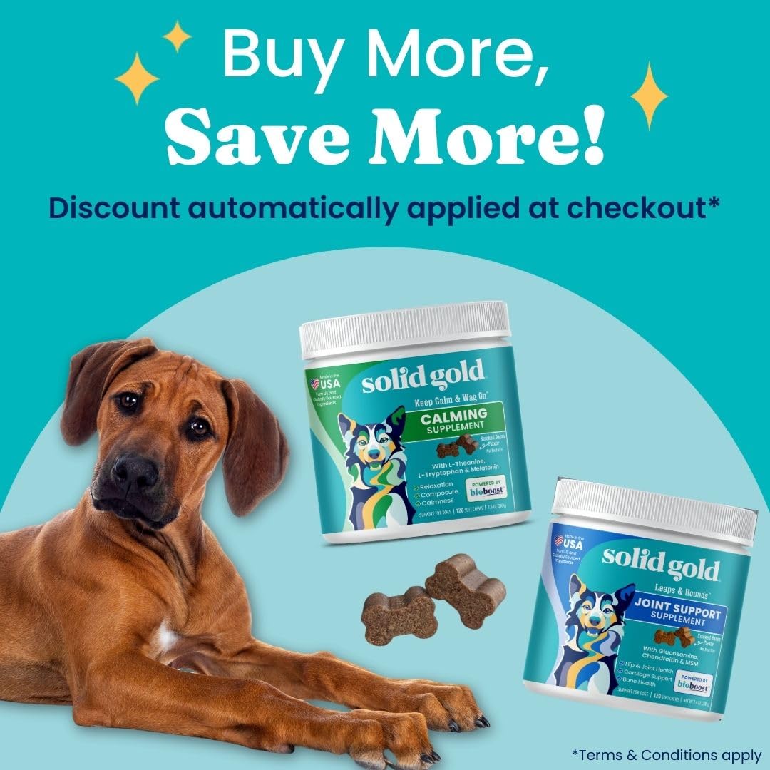 Solid Gold dog joint supplement bottle shows convenient chews for all breeds.