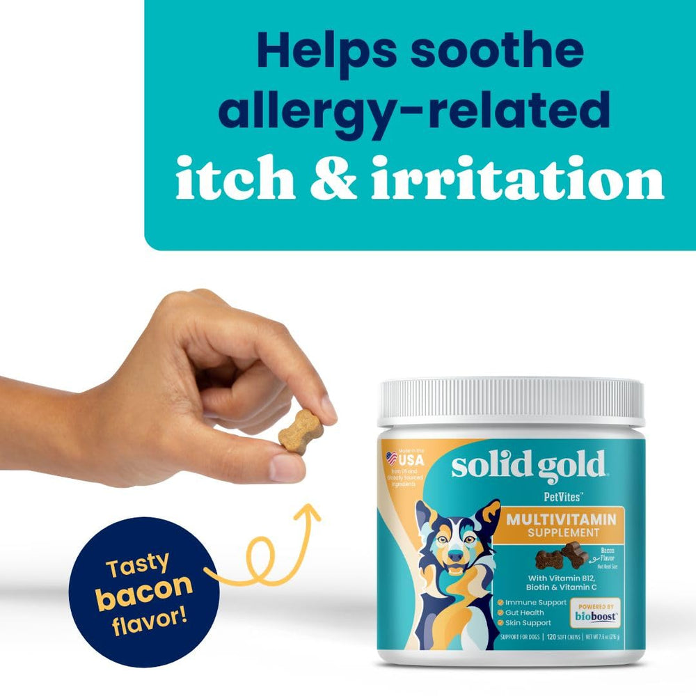 Solid Gold dog multivitamin bottle front label showcasing vitamins and probiotic blend.