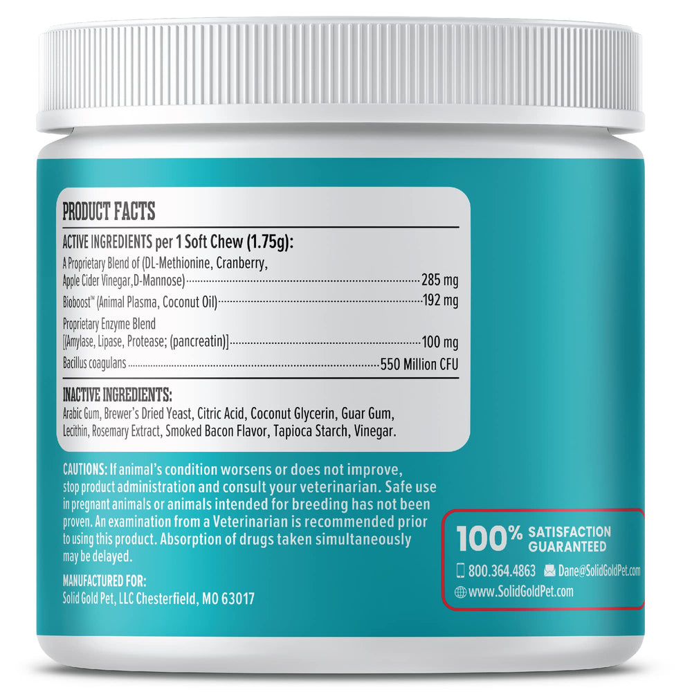 Solid Gold dog-pee-grass-repair-chews bacillus-coagulans probiotic blend for gut wellness alongside lawn repair