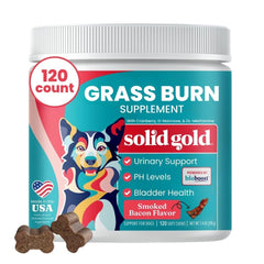 Solid Gold dog-pee-grass-repair-chews bottle-pour shows bacon flavor for easy dosing and lawn-friendly urine support