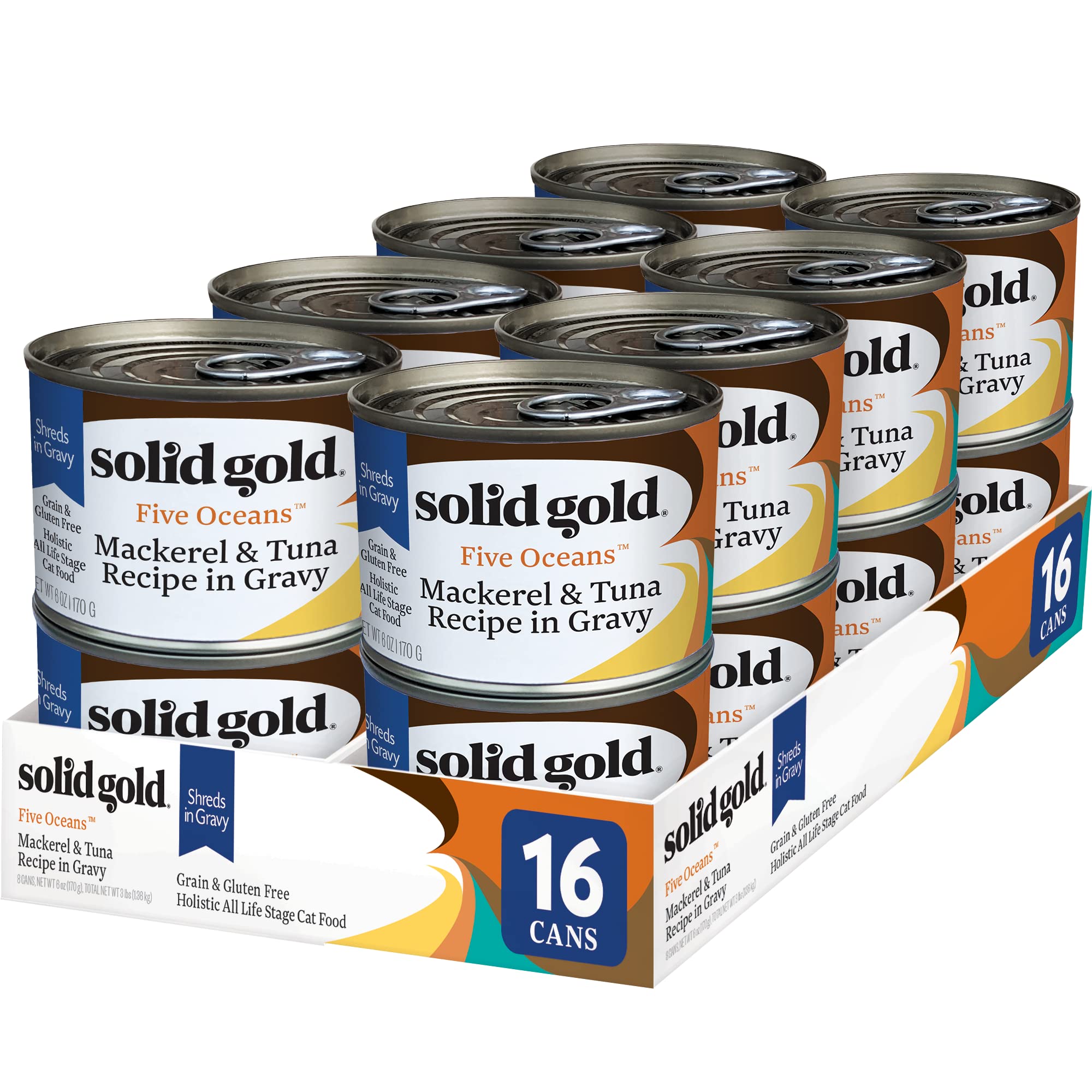 Solid Gold Five Oceans tuna-mackerel wet cat food can with premium protein for meals