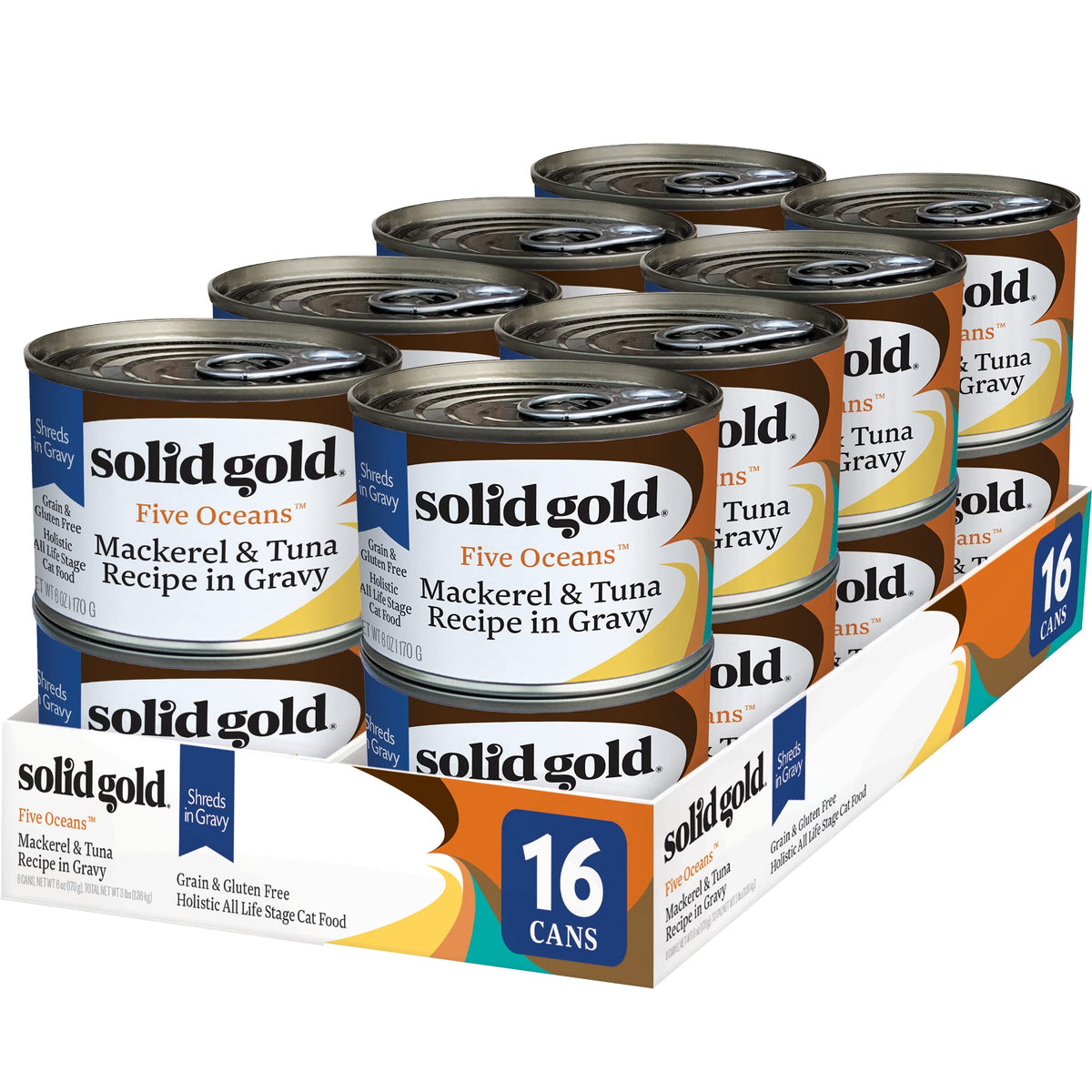 Solid Gold Five Oceans tuna-mackerel wet cat food can with premium protein for meals