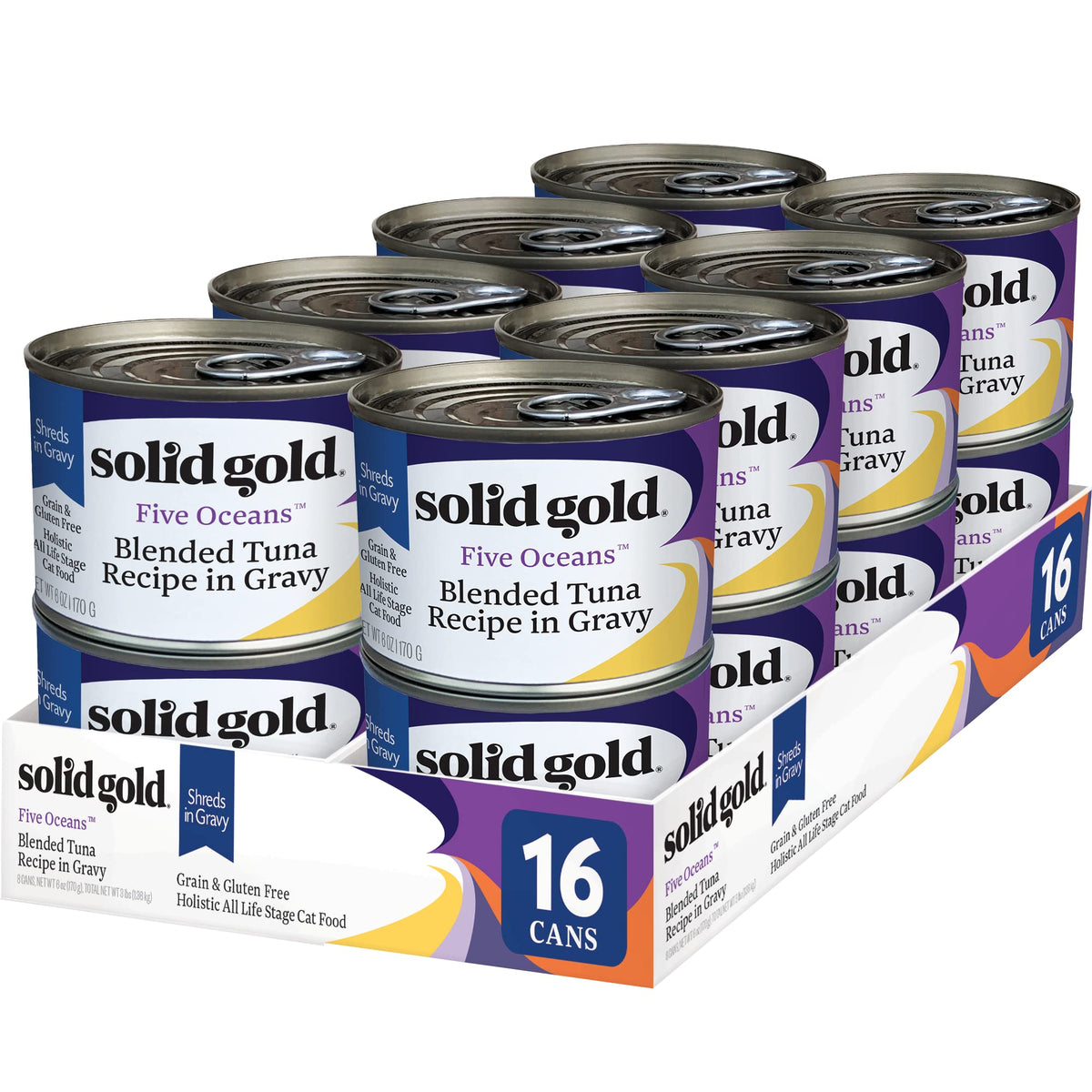 Solid Gold Five Oceans tuna shreds in gravy cans highlight premium protein for cats.