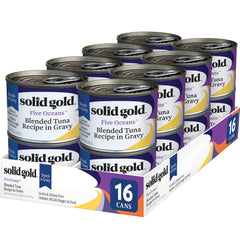 Solid Gold Five Oceans tuna shreds in gravy cans highlight premium protein for cats.