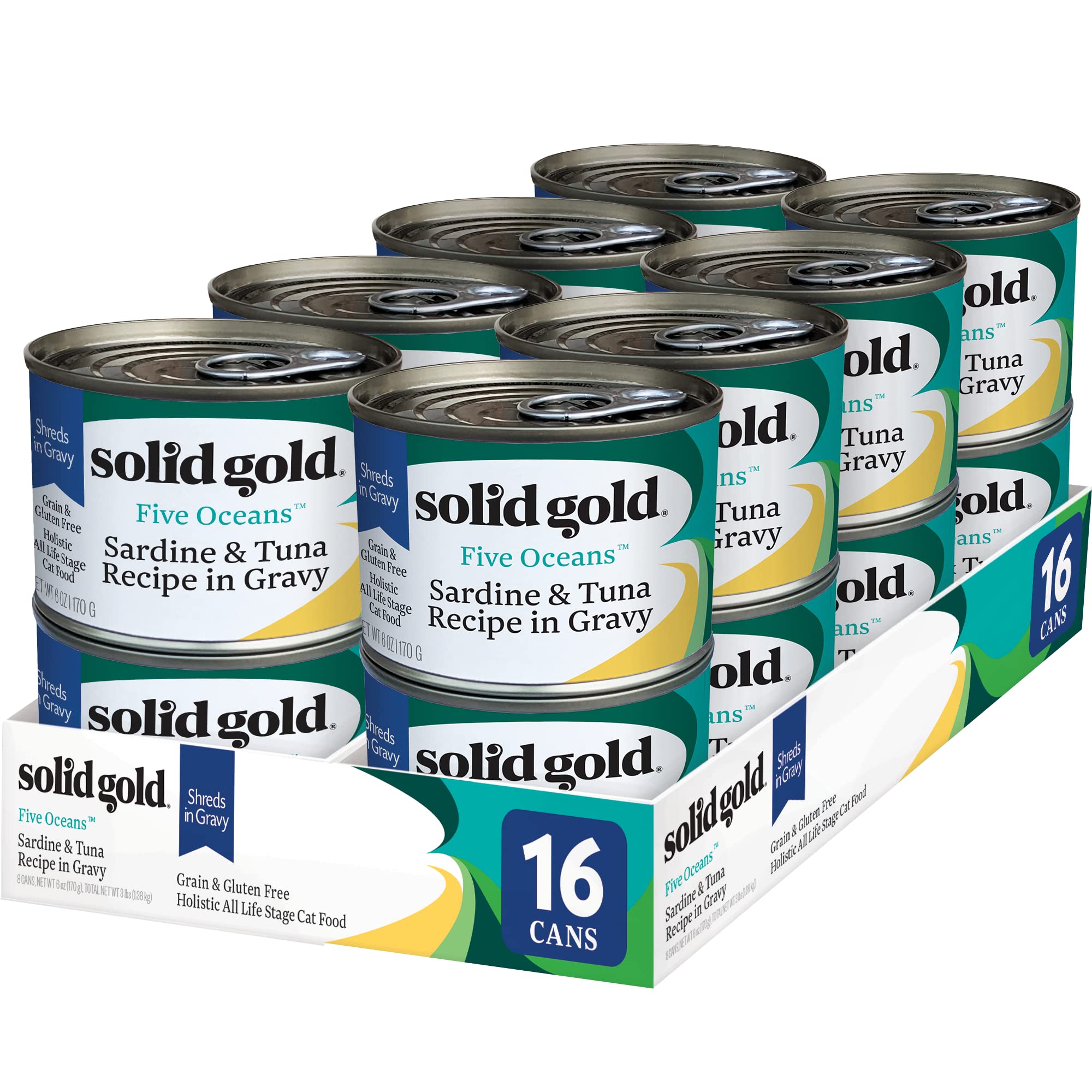 Solid Gold Five Oceans shreds in gravy with tuna and sardine offer premium protein and hydration.