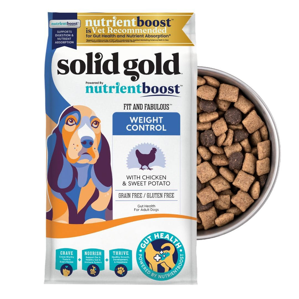 Solid Gold healthy weight chicken kibble supports balanced nutrition for weight management.