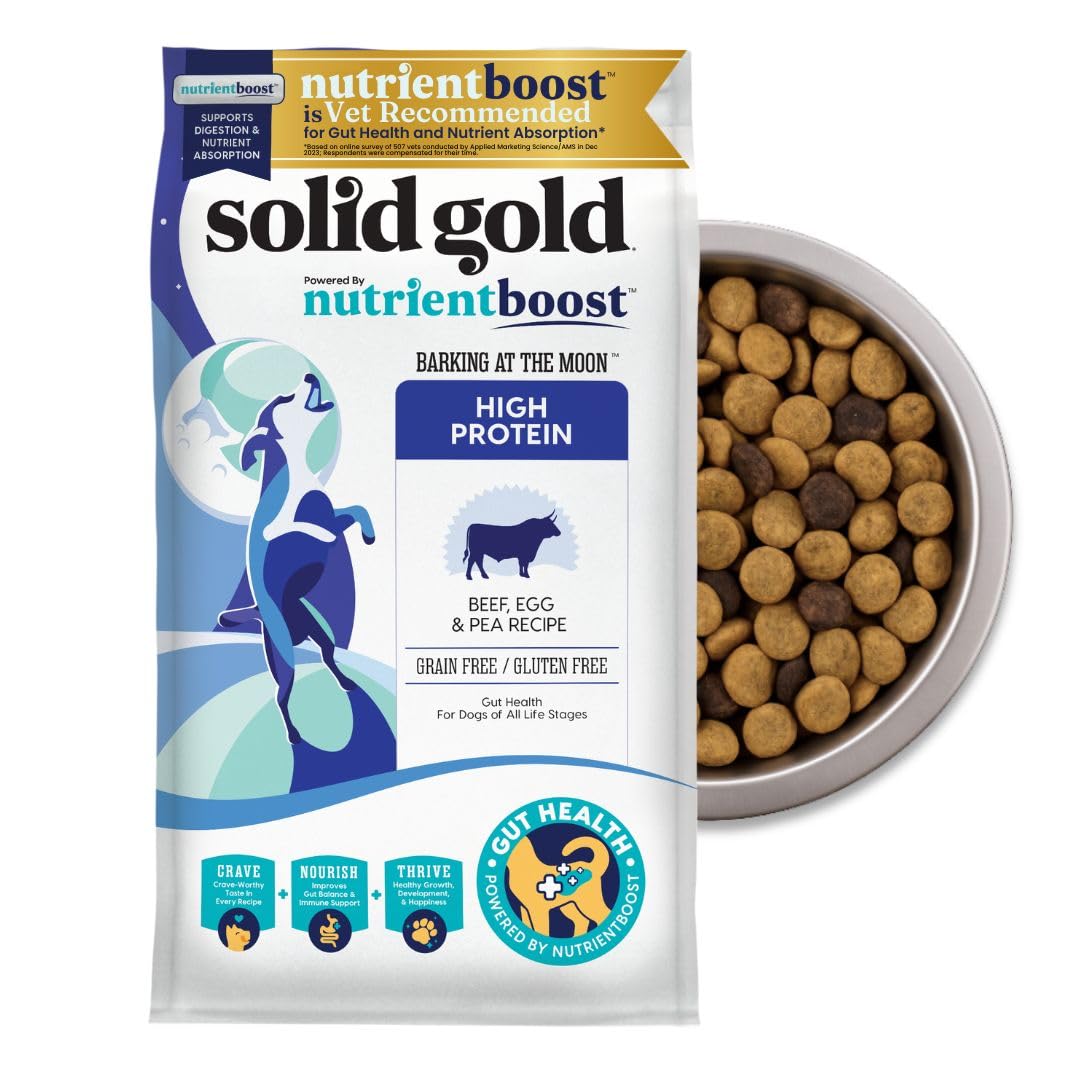 Solid Gold high-protein dog food bag highlighting premium ingredients for energy and lean muscle.