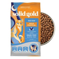 Solid Gold high-protein dry cat food chicken bowl closeup highlights lean muscles.