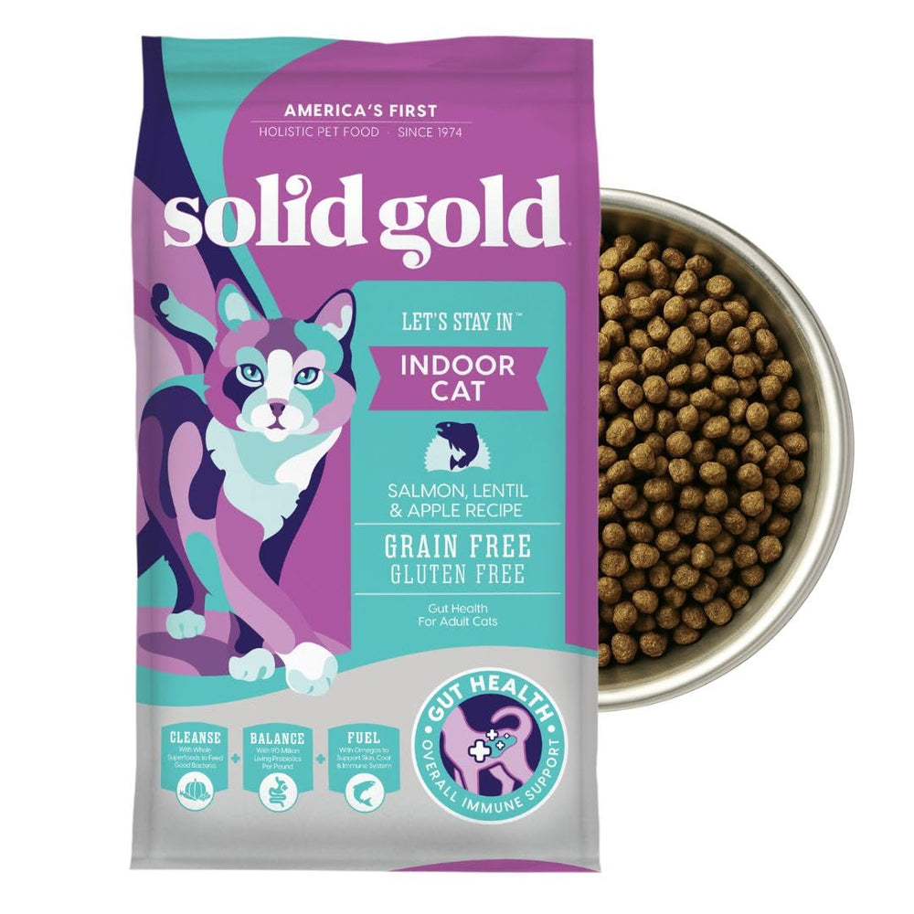 Solid Gold Indoor Dry Cat Food salmon-kibble-bowl highlights grain-free salmon for sensitive stomachs.