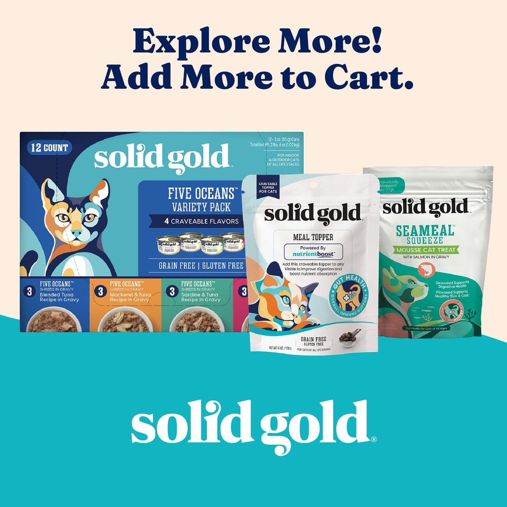Solid Gold Katz-N-Flocken indoor-cat-ready kibble supports easy digestion for sensitive stomachs.