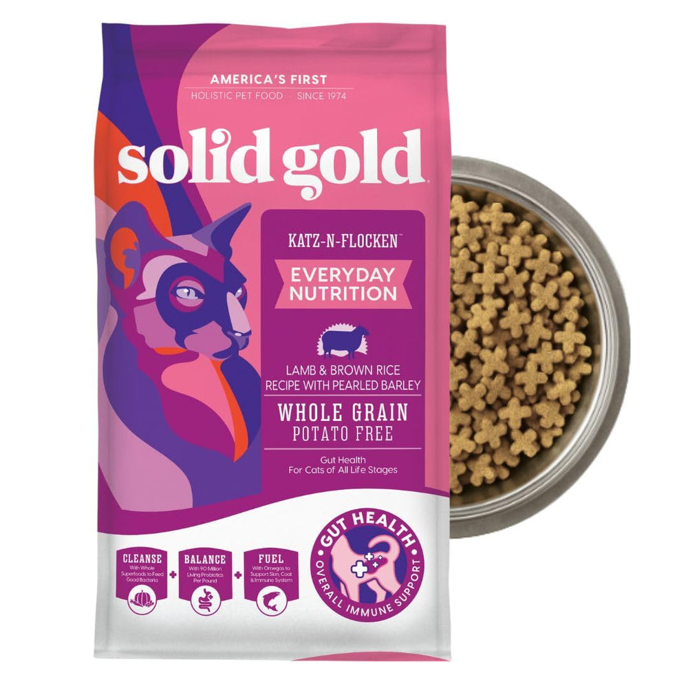 Solid Gold Katz-N-Flocken packaging shows all-life-stages digestion support.