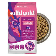 Solid Gold Katz-N-Flocken packaging shows all-life-stages digestion support.