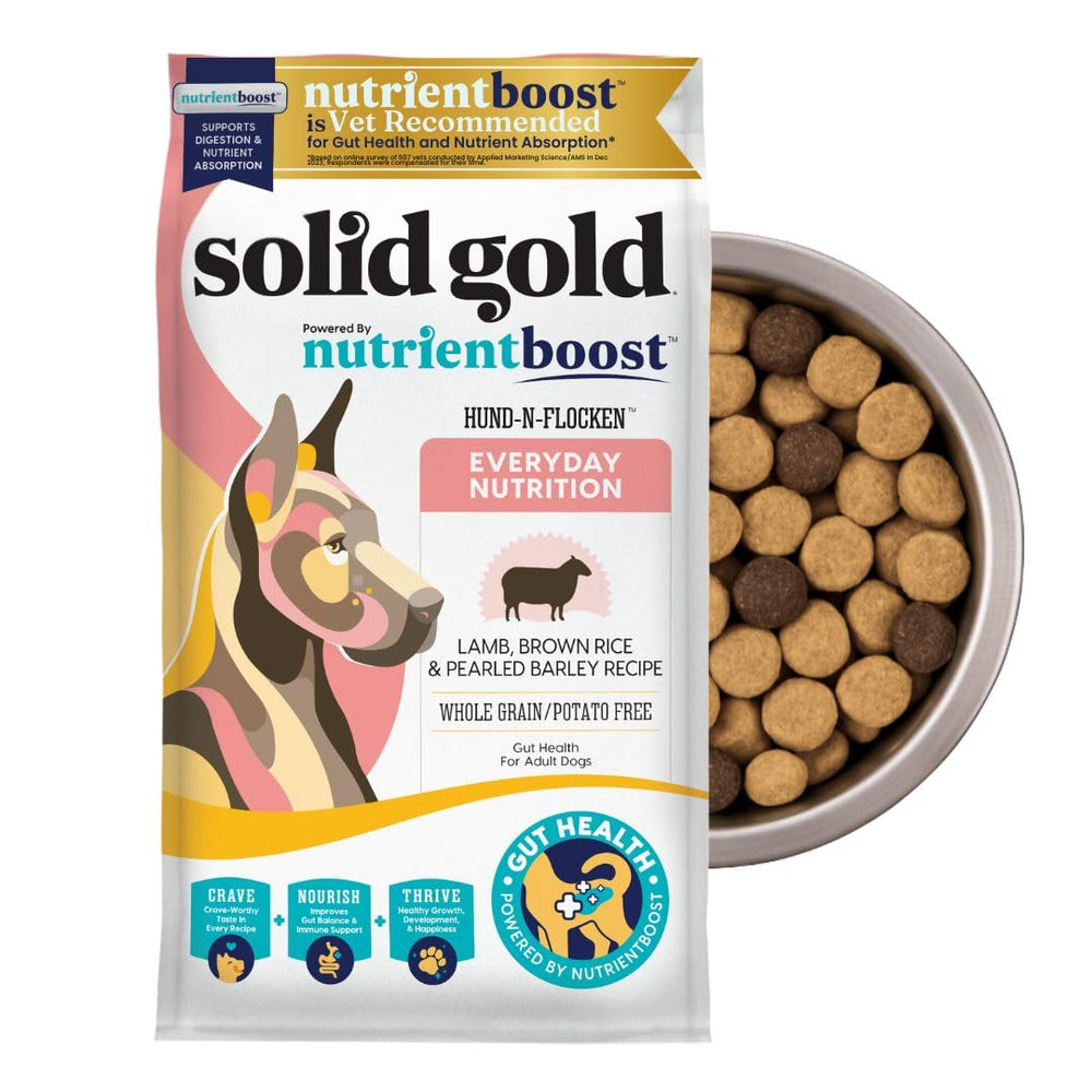Solid Gold Lamb dog food bag shows high-protein formula for lean muscle support.