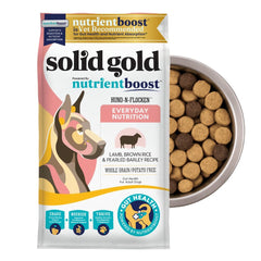 Solid Gold Lamb dog food bag shows high-protein formula for lean muscle support.