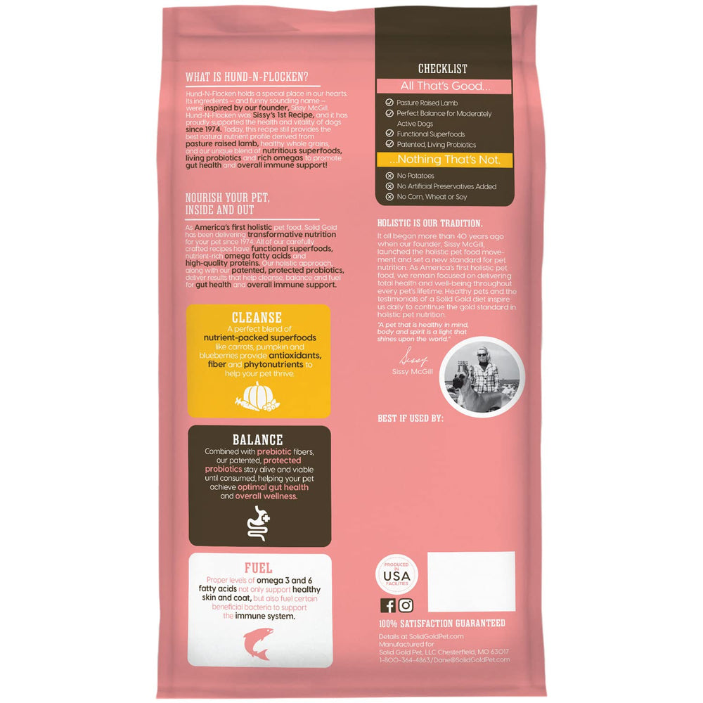 Solid Gold lamb dry dog food probiotic health image notes 90 million probiotics per pound.